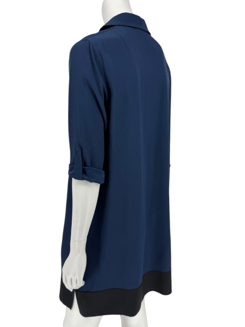 Akris Punto Navy Blue Viscose Acetate Tunic Dress Black Hem Roll Tab Sleeve - US 10