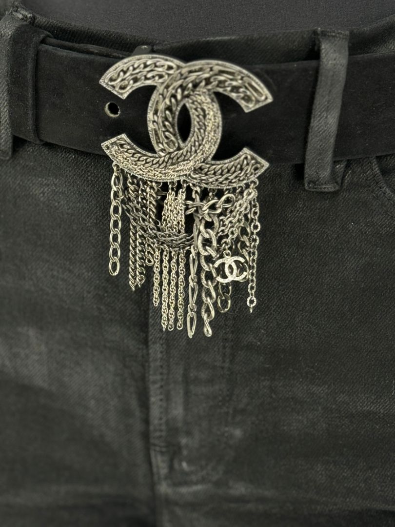 Chanel Ruthenium Chain-Fringe CC Belt – Black Suede – Very Good Condition