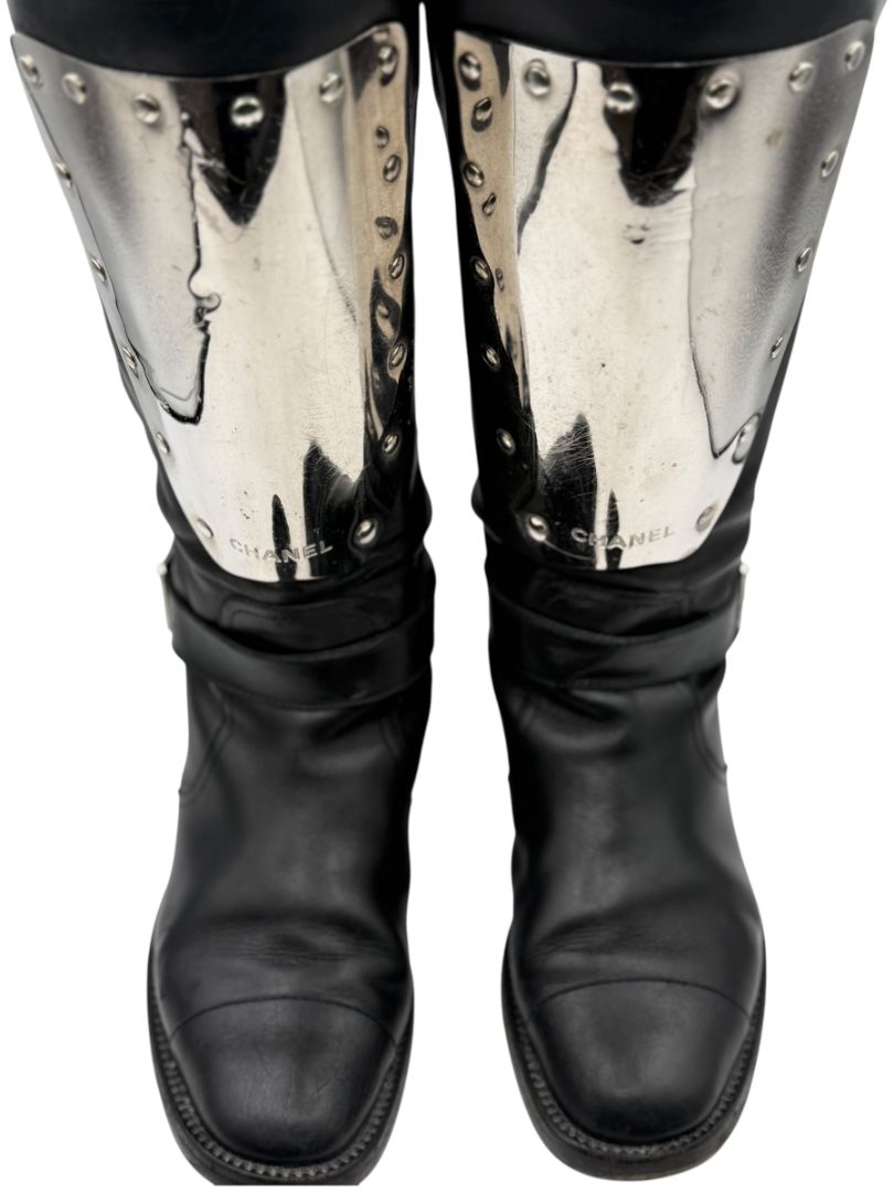 Chanel Black Leather Moto Boots with Silver Armor Plate – Size 40.5