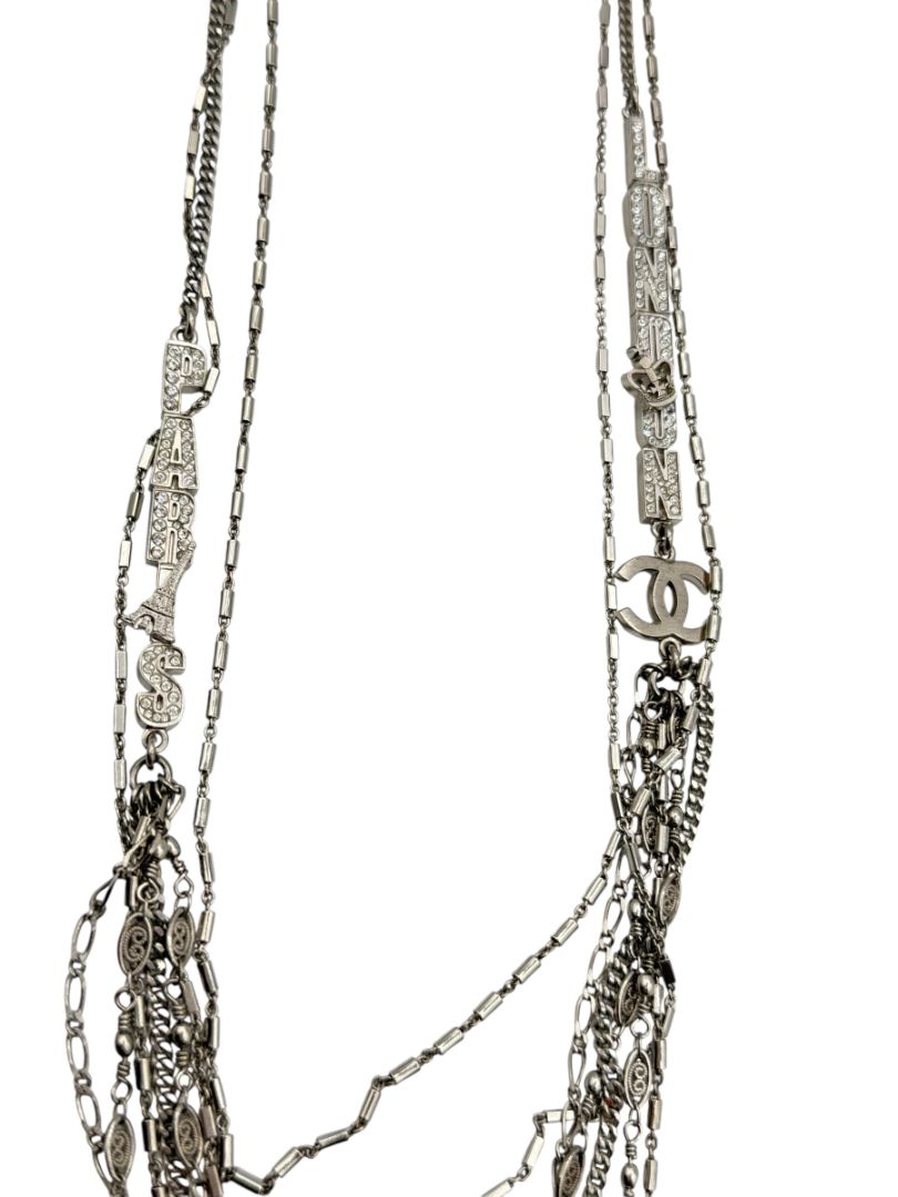 Chanel Silver Multi-Strand “Paris London” Crystal Chain Necklace