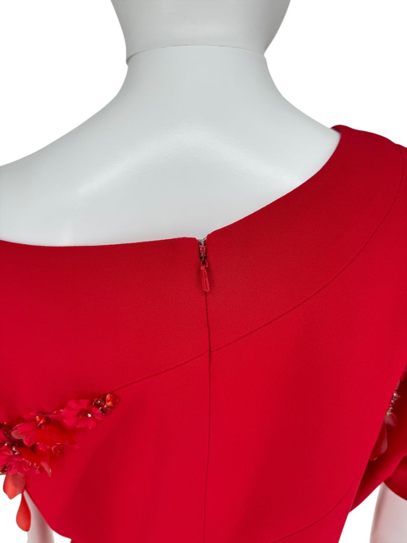Pamella Roland Red Asymmetrical Floral Embellished Sheath Dress