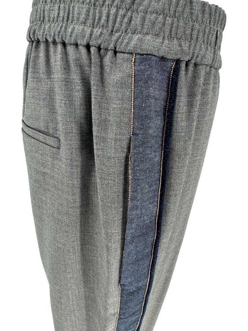 Brunello Cucinelli Charcoal Wool Trousers with Denim Side Stripe - Size 8