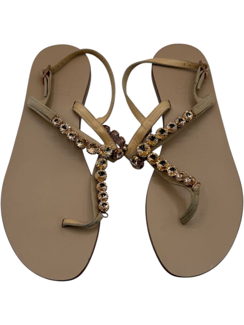 100% Capri Jeweled T-Strap Flat Sandals – Size 39