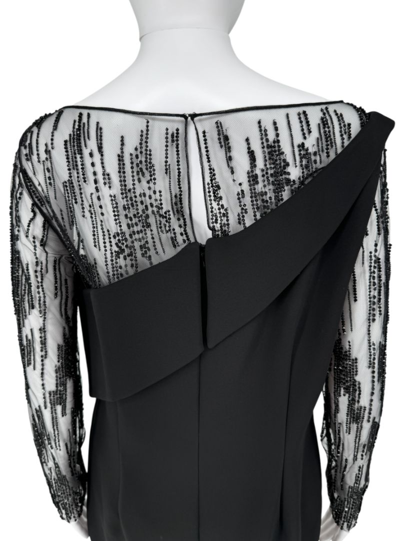 Pamella Roland Black Embellished Mesh Sleeve Cocktail Dress – Large