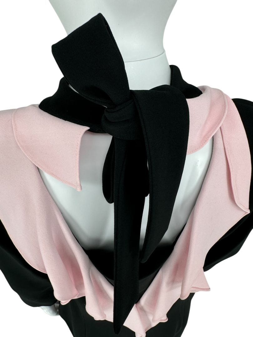 Pamella Roland Black Crepe Shift Dress with Pink Ruffle Back & Neck Tie - Large