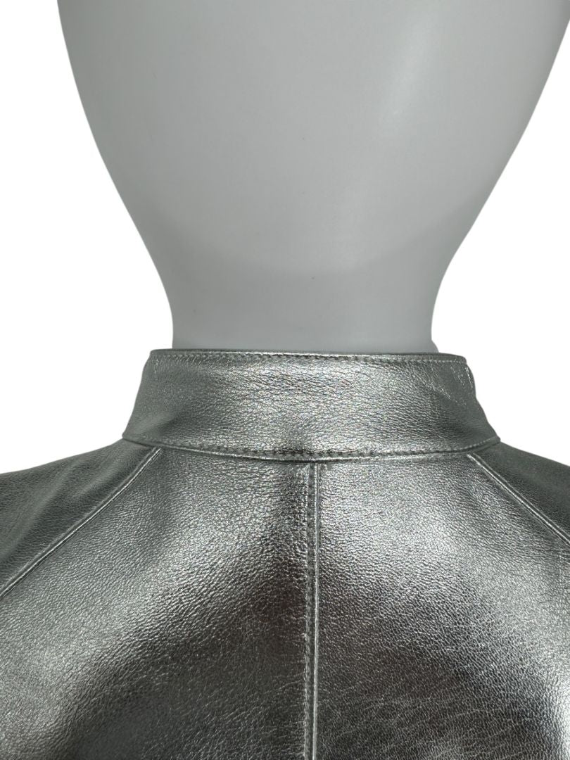 Pamella Roland Silver Metallic Leather Moto Jacket – Size 8