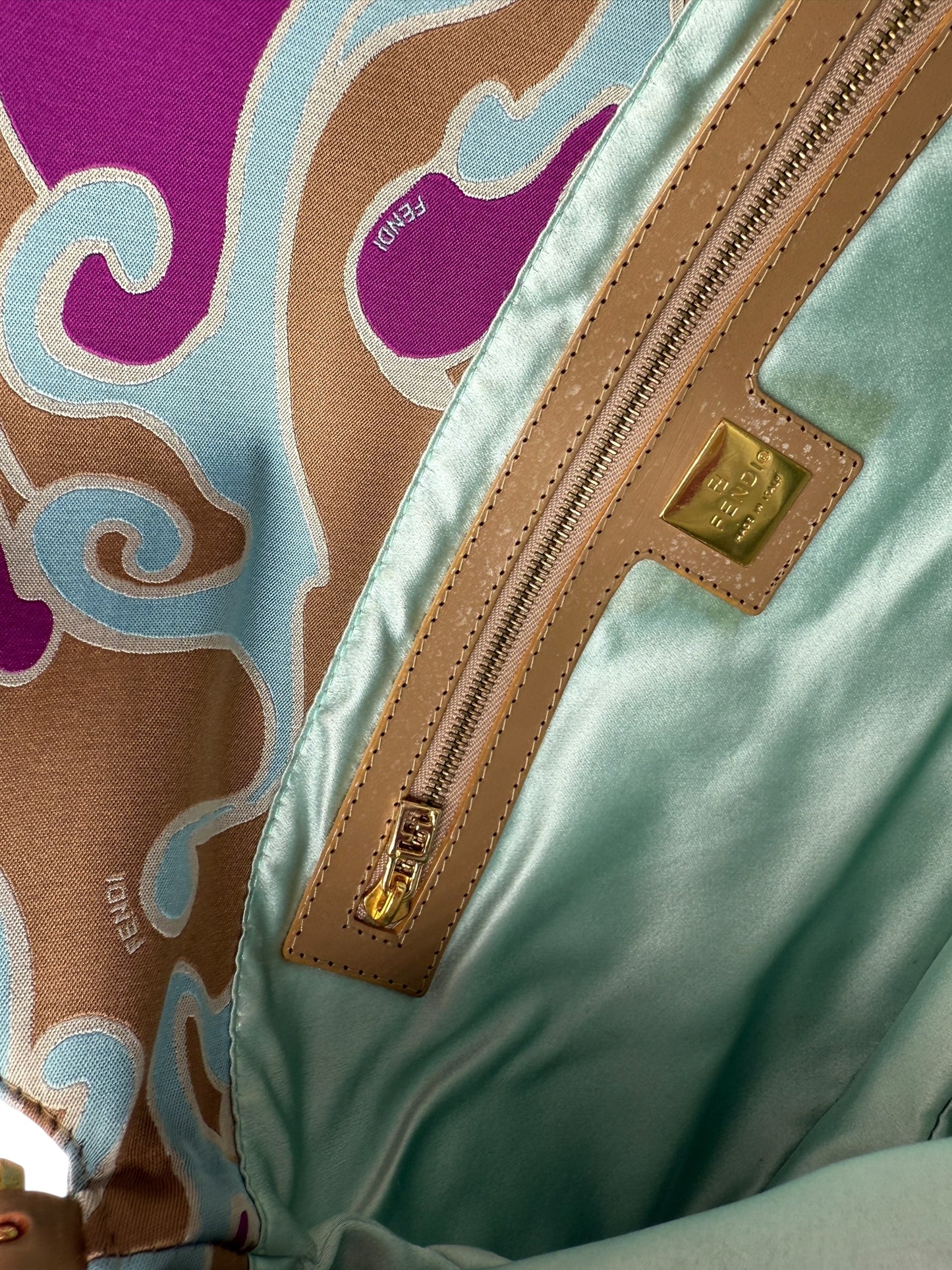 Fendi 2001 Multicolor Satin Psychedelic Print Baguette "Momma" Shoulder Bag