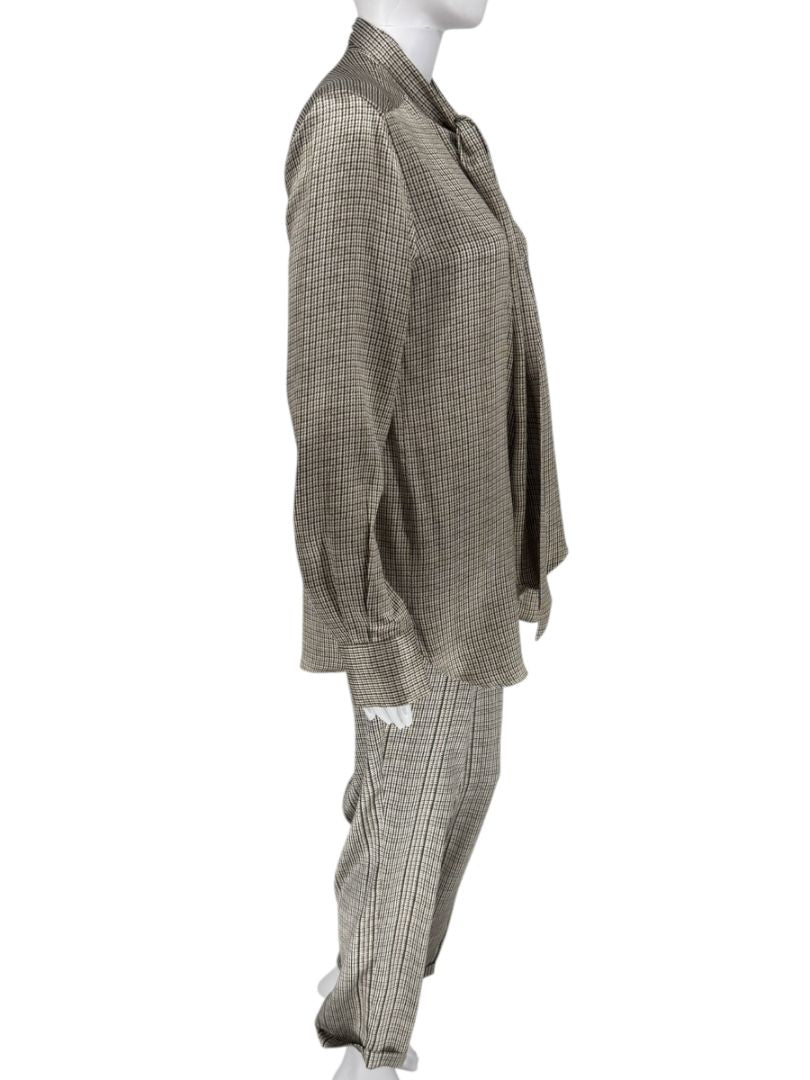 Kiton Olive & Taupe Silk Houndstooth Blouse and Pant Set – Size 46 (Fits M/L)