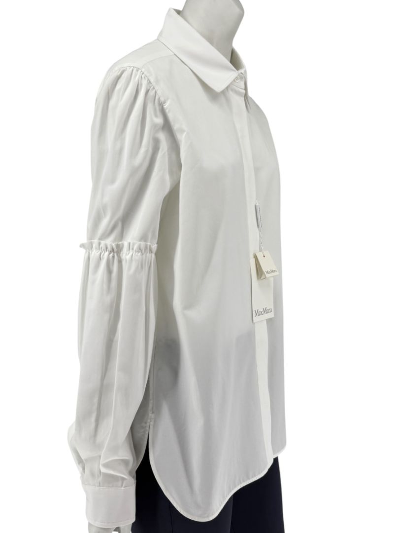 MaxMara White Cotton Blouse with Ruched Sleeves – Size US 12
