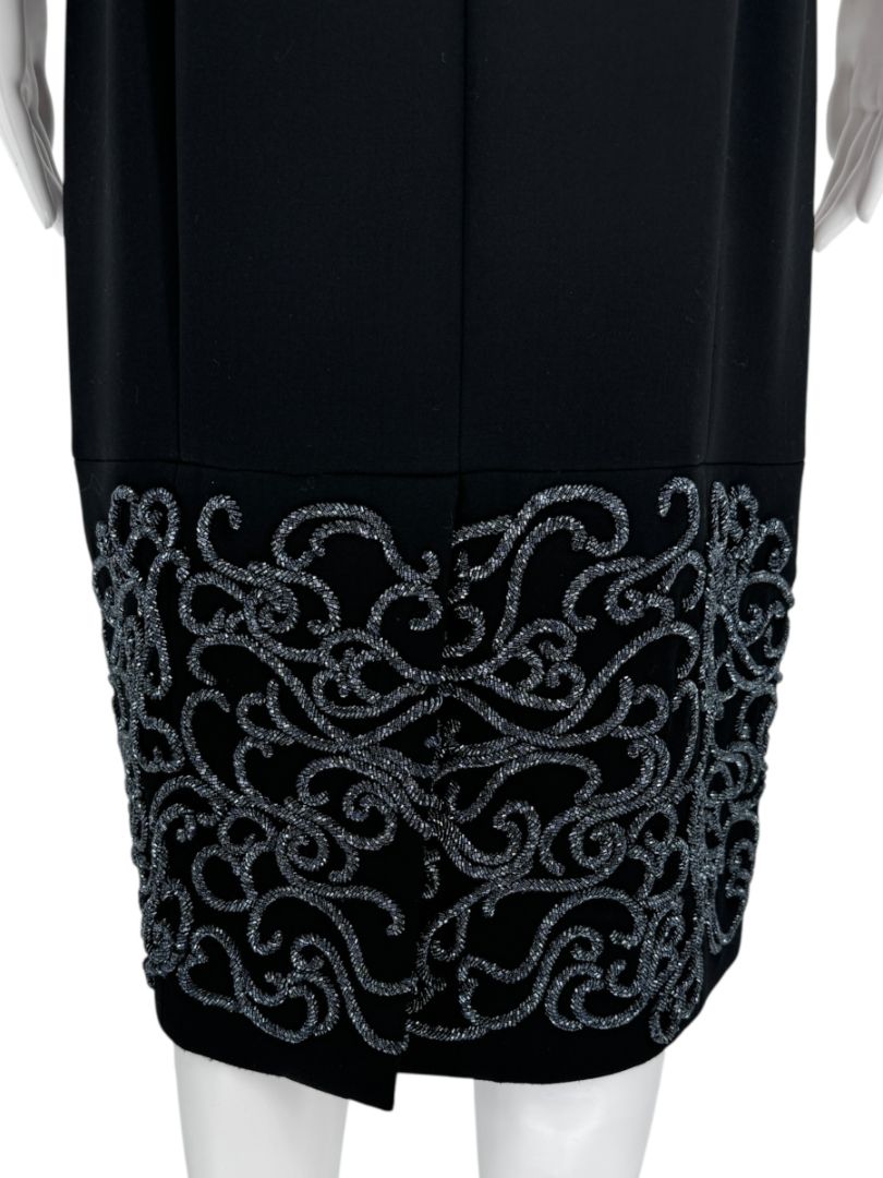 Pamella Roland Black Sleeveless Sheath Dress with Beaded Scroll Embellishment – Large