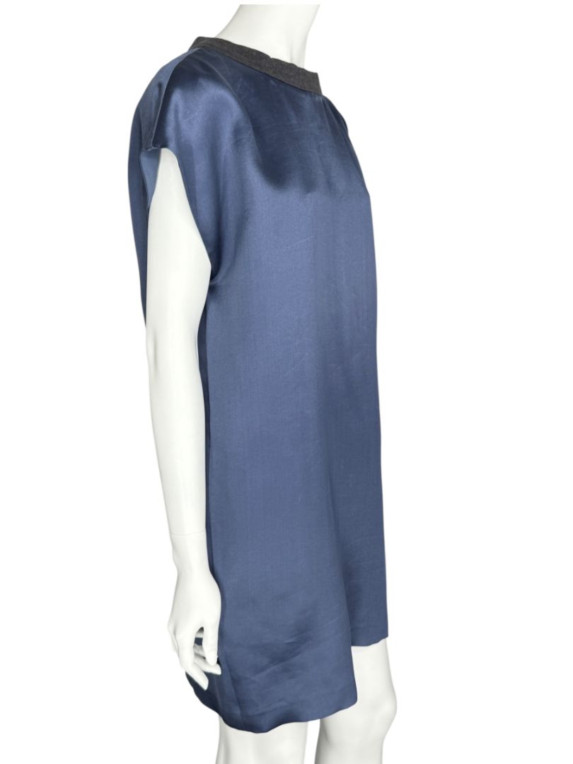 NWT Brunello Cucinelli Navy Silk Shift Dress with Contrast Trim – Size XL