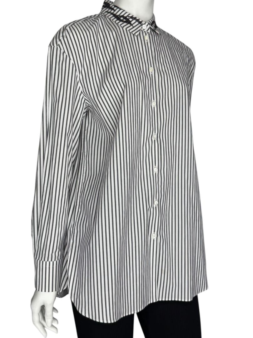 Brunello Cucinelli Gray & White Vertical Stripe Embroidered Collar Shirt – Size XL