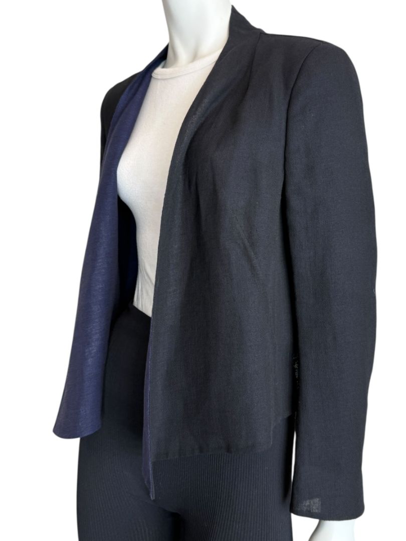 Akris Bergdorf Goodman Linen-Blend Cropped Open Jacket – Black & Navy – Size US 10