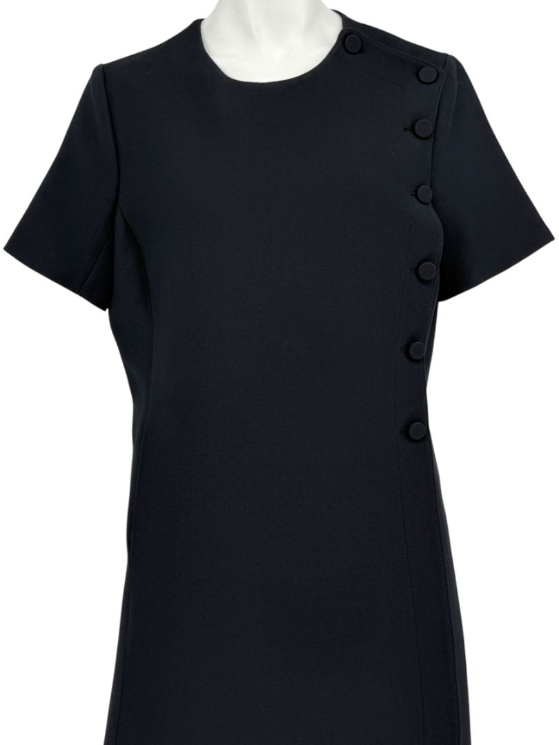 Christian Dior Paris Black Wool-Silk Shift Dress with Asymmetric Button Detail – Size FR 42 (US 10)