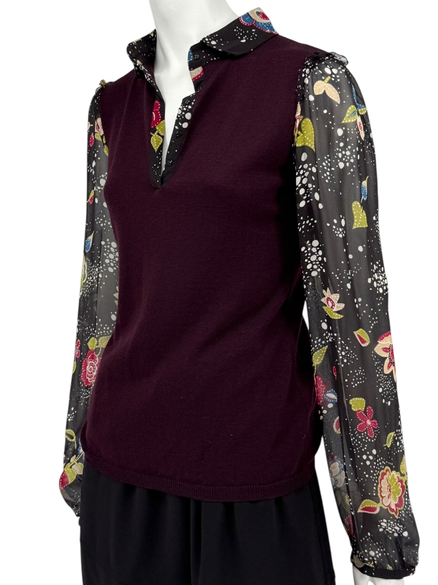 Moschino Virgin Wool Sweater with Sheer Floral Sleeves – Size 8 (IT 38)