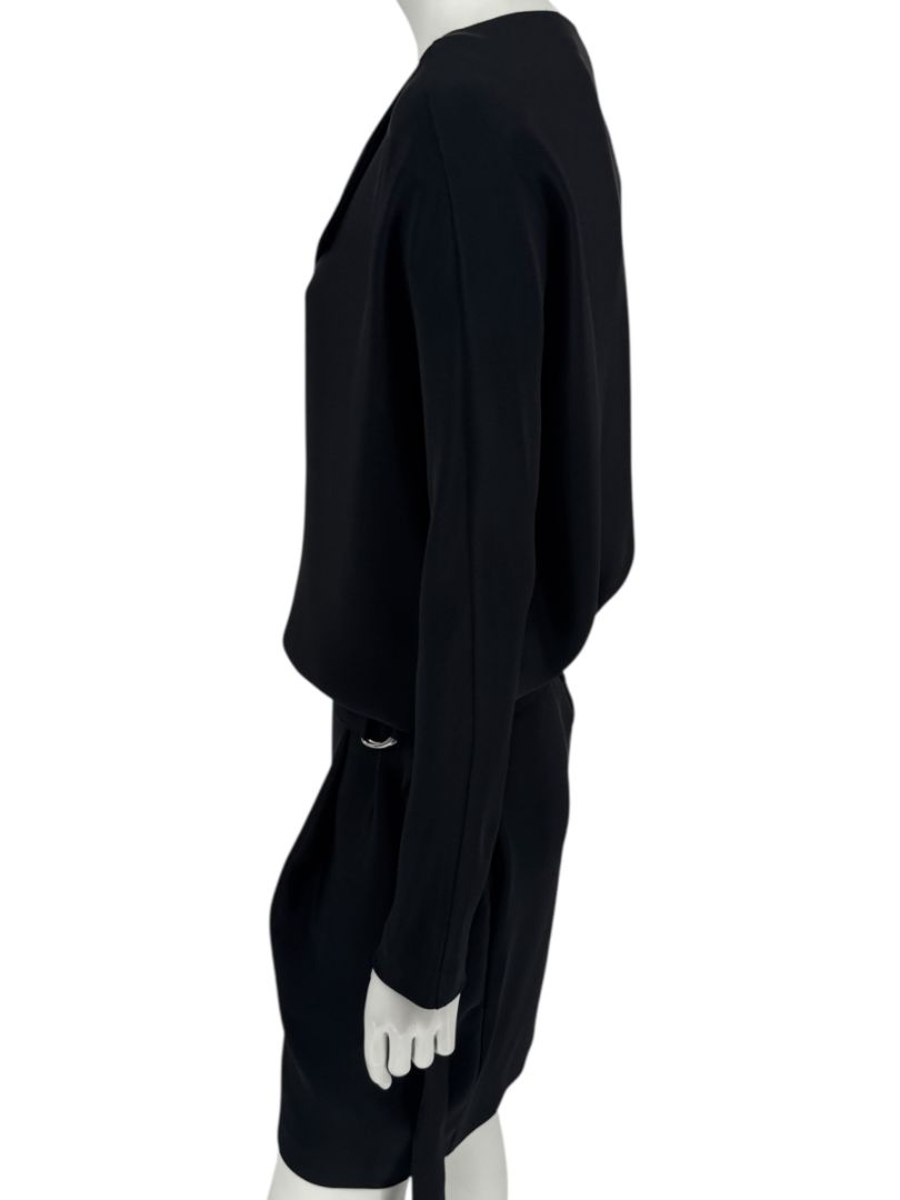 Pamella Roland Black Drape-Front Long Sleeve Belted Mini Dress – Large