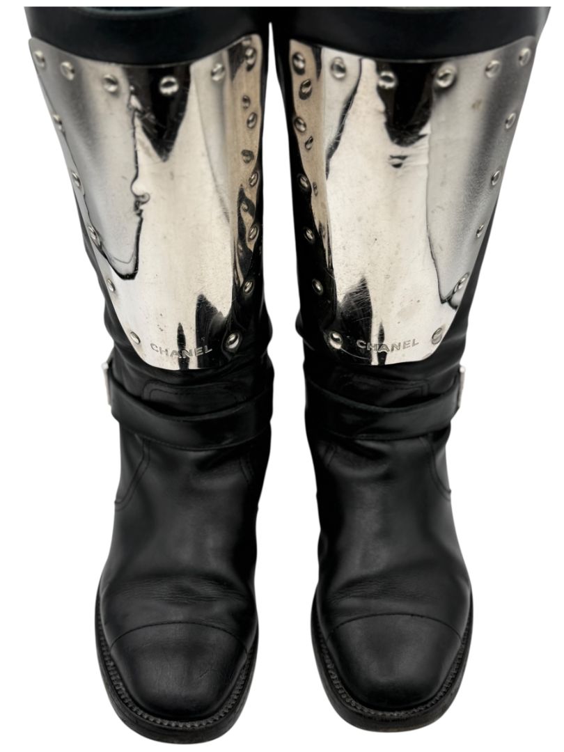 Chanel Black Leather Moto Boots with Silver Armor Plate – Size 40.5