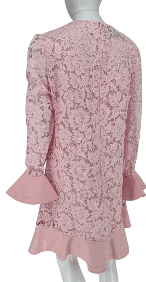 Pink Lace Overlay Ruffle Sleeve/Trim Longsleeve Dress