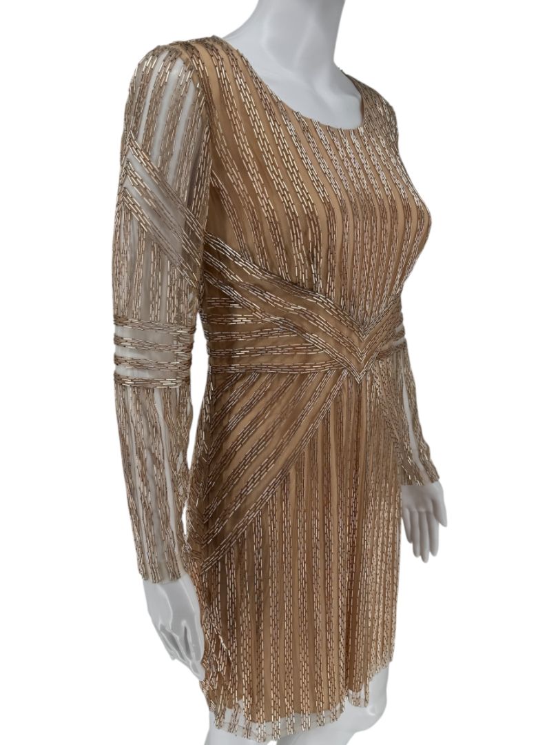Pamella Roland Gold Beaded Illusion Mesh Evening Dress – Size 4