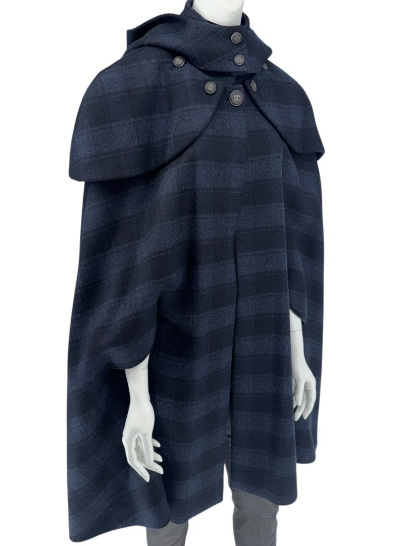 *RARE* Chanel Navy & Black Plaid Wool Hooded Cape with Logo Buttons – Size FR 44
