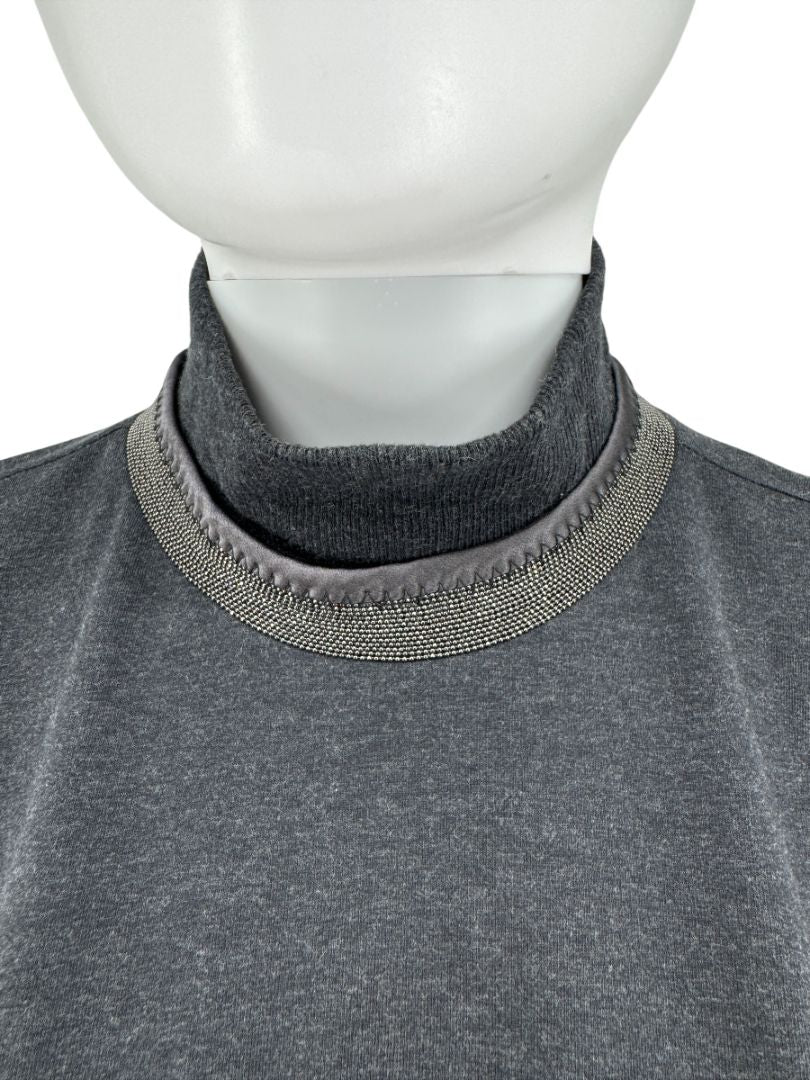 Brunello Cucinelli Charcoal Puff-Sleeve Tunic with Monili Trim – Size Large
