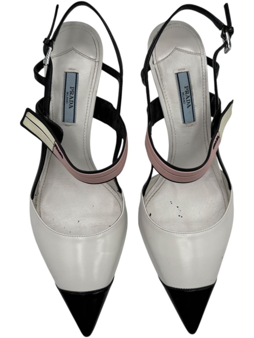 Prada White, Black & Blush Patent Leather Kitten Heels – Size 39.5