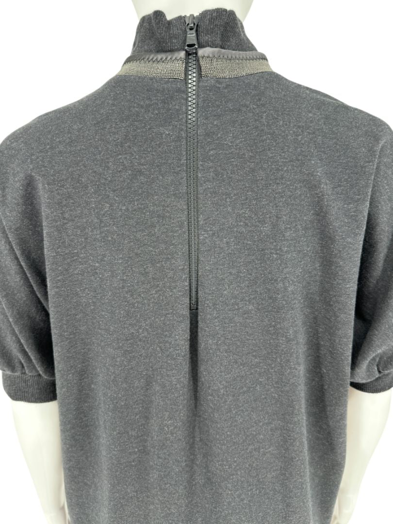 Brunello Cucinelli Charcoal Puff-Sleeve Tunic with Monili Trim – Size Large