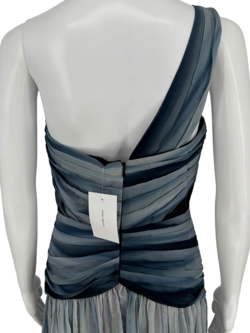 Pamella Roland Sapphire Multi Silk Draped One-Shoulder Gown – Size 6