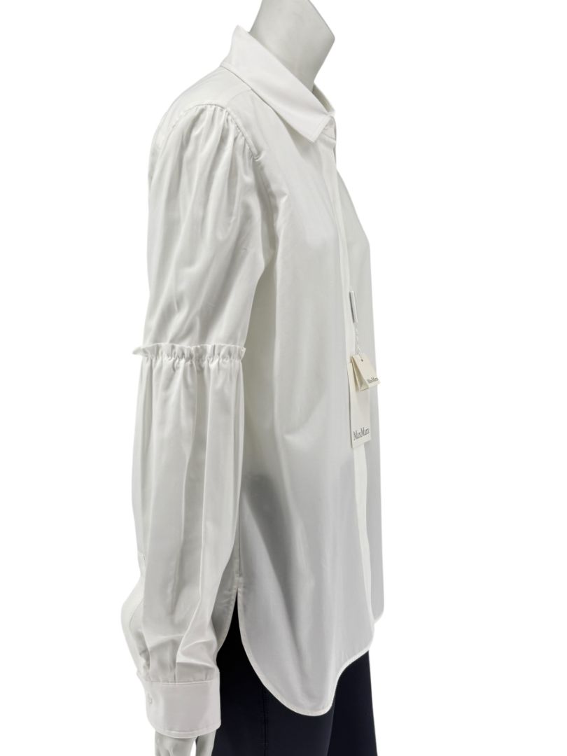 MaxMara White Cotton Blouse with Ruched Sleeves – Size US 12