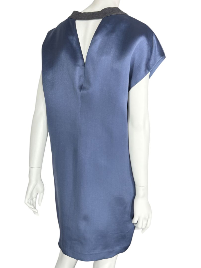 NWT Brunello Cucinelli Navy Silk Shift Dress with Contrast Trim – Size XL