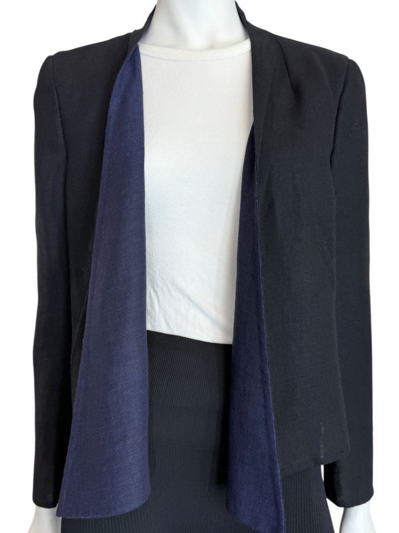 Akris Bergdorf Goodman Linen-Blend Cropped Open Jacket – Black & Navy – Size US 10