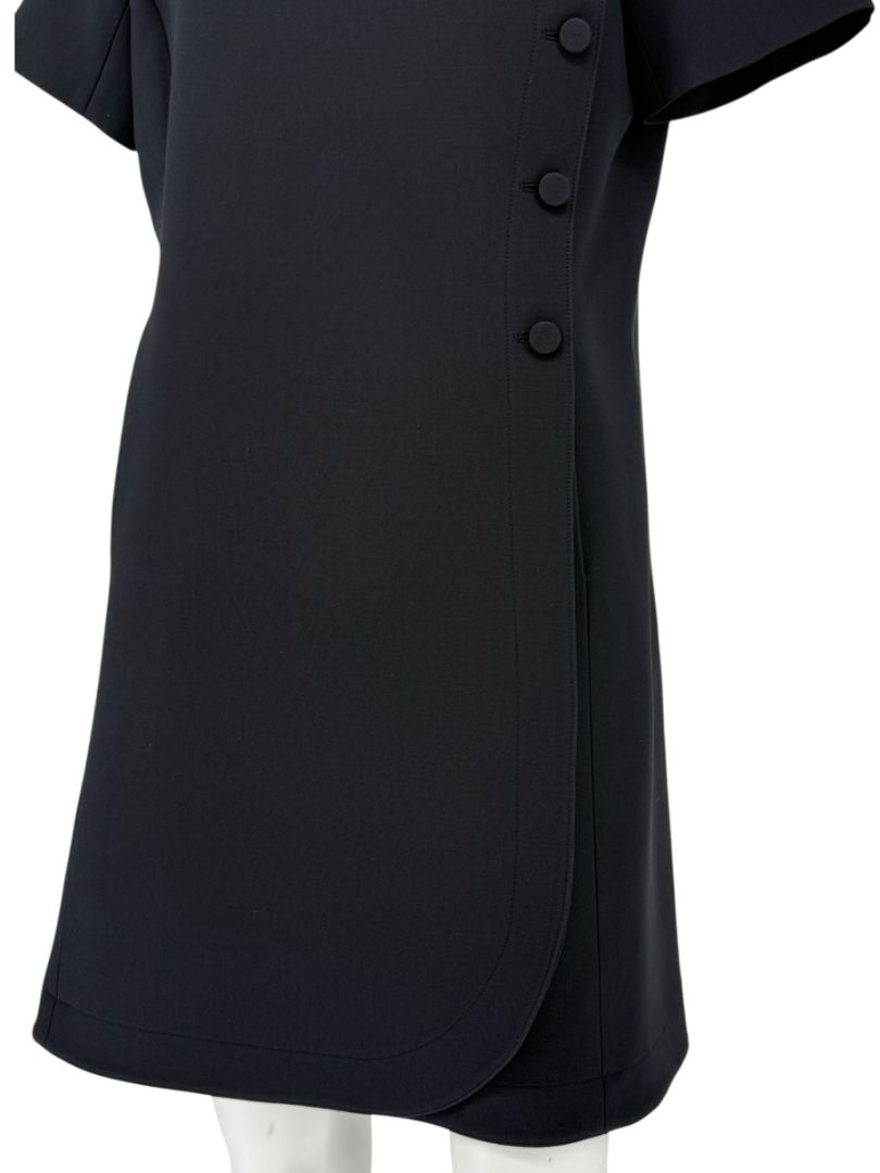 Christian Dior Paris Black Wool-Silk Shift Dress with Asymmetric Button Detail – Size FR 42 (US 10)