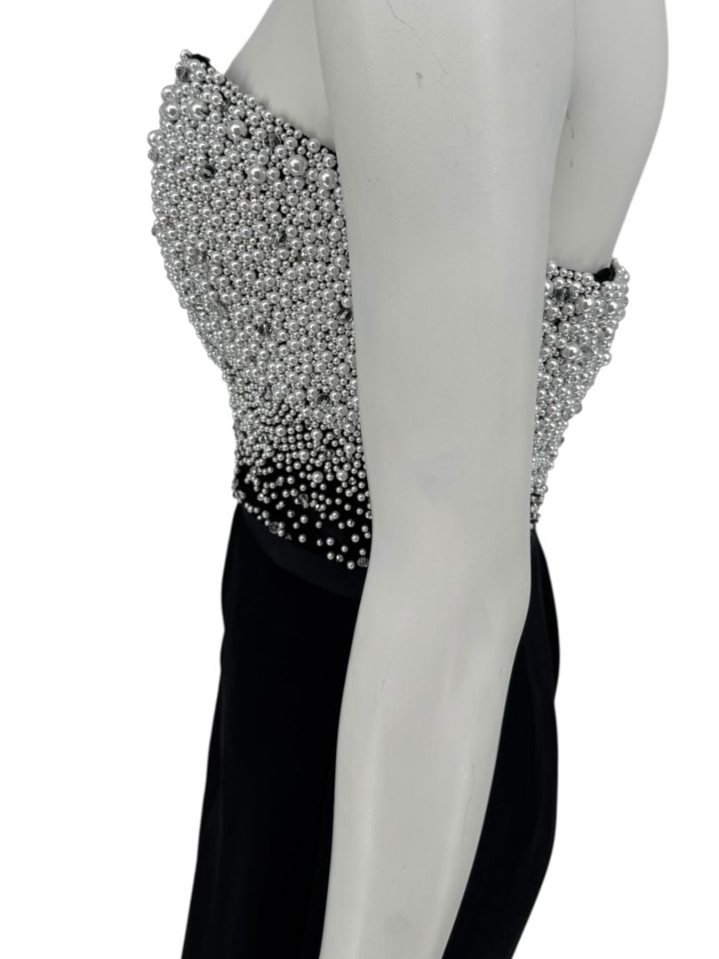 Pamella Roland Black Strapless Gown Silver Pearl Crystal Beaded Bodice Size 8 Evening Dress