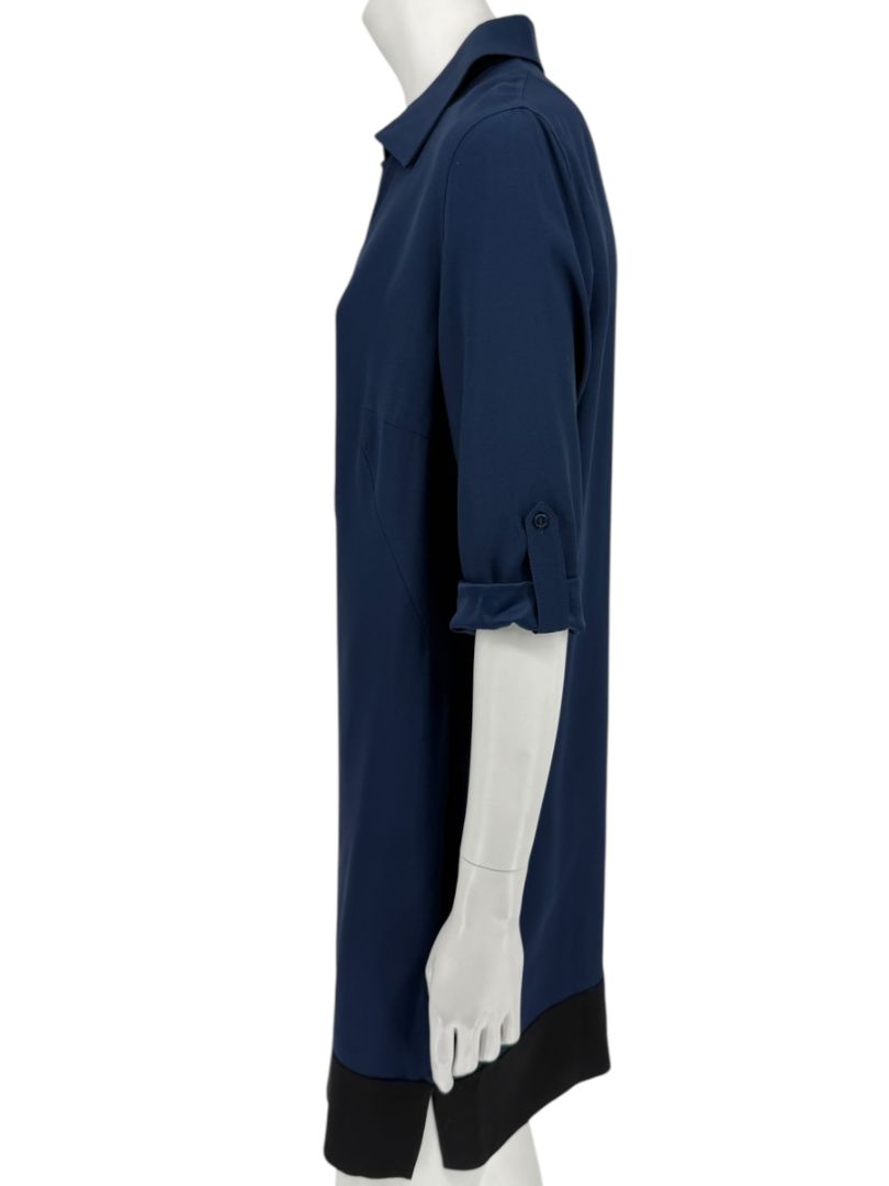 Akris Punto Navy Blue Viscose Acetate Tunic Dress Black Hem Roll Tab Sleeve - US 10