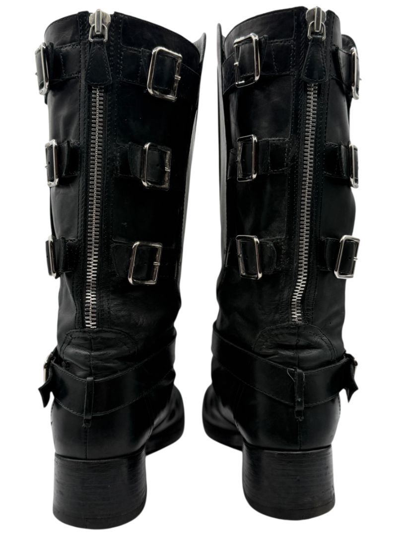Chanel Black Leather Moto Boots with Silver Armor Plate – Size 40.5