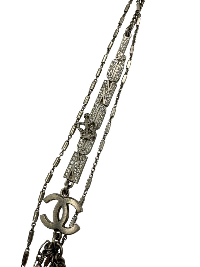 Chanel Silver Multi-Strand “Paris London” Crystal Chain Necklace