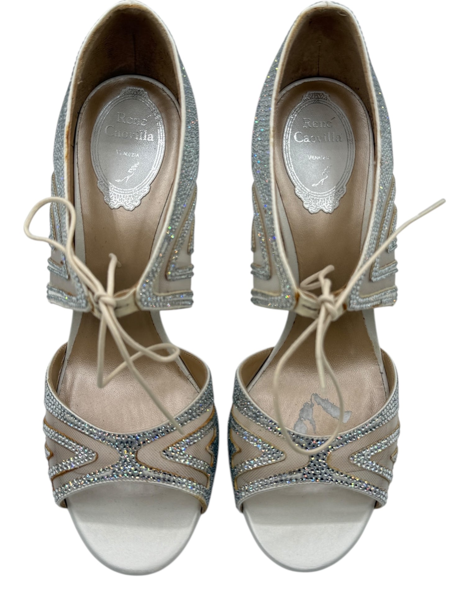 BNIB René Caovilla Silver Crystal Mesh Lace-Up Heels – Size 39