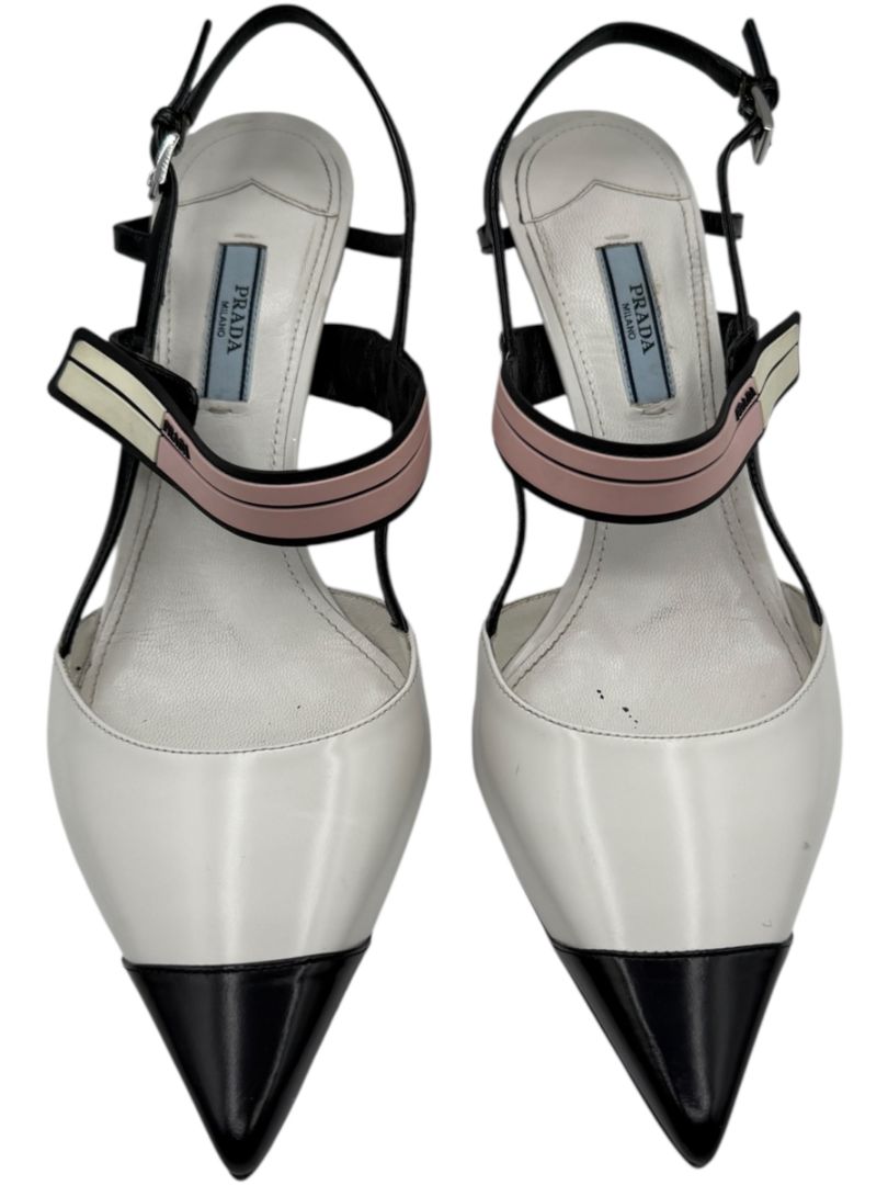 Prada White, Black & Blush Patent Leather Kitten Heels – Size 39.5