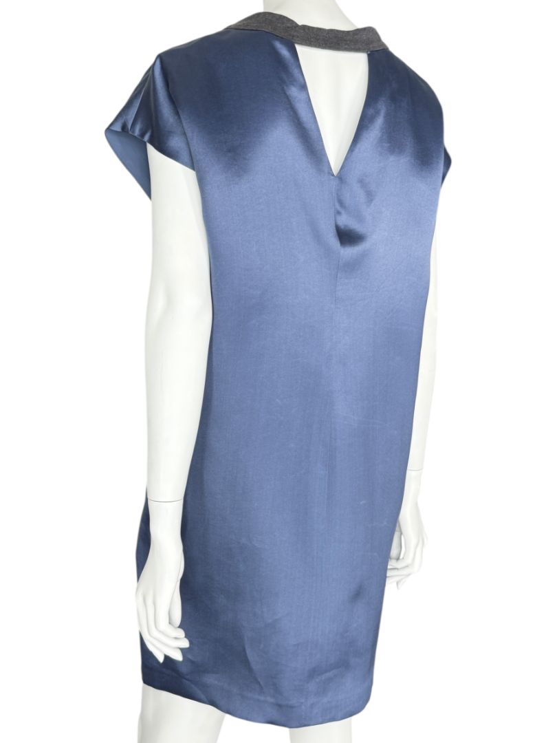 NWT Brunello Cucinelli Navy Silk Shift Dress with Contrast Trim – Size XL