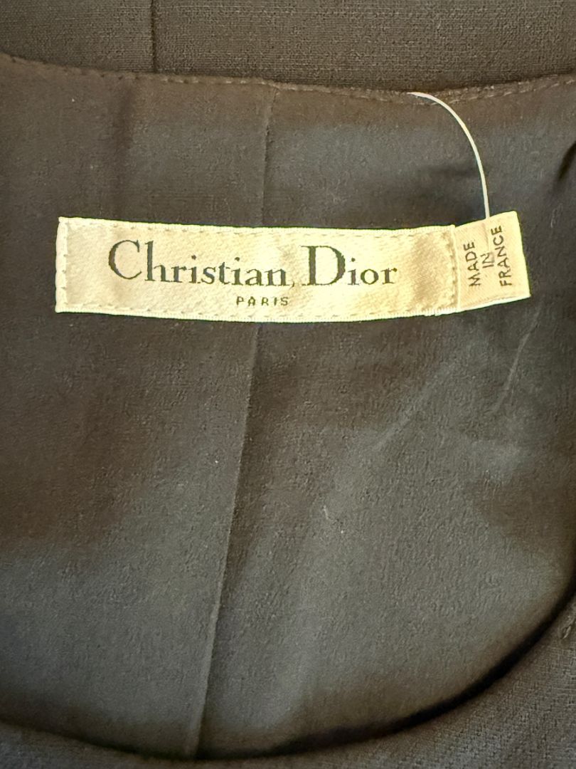Christian Dior Paris Black Wool-Silk Shift Dress with Asymmetric Button Detail – Size FR 42 (US 10)