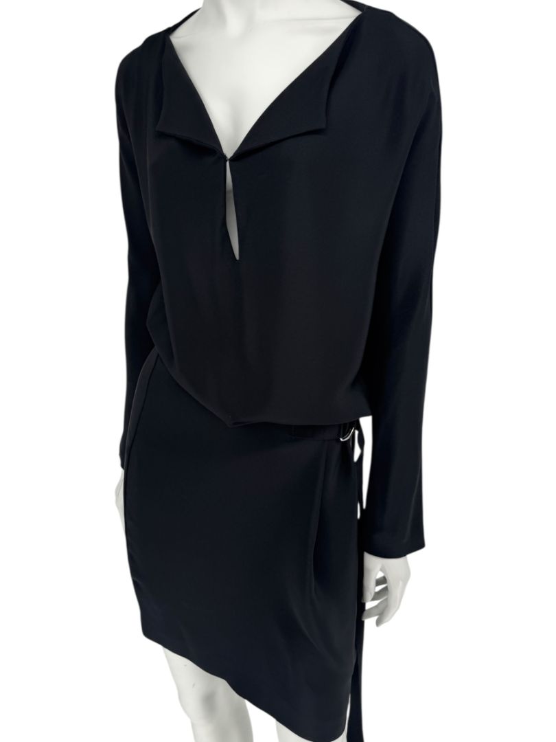 Pamella Roland Black Drape-Front Long Sleeve Belted Mini Dress – Large