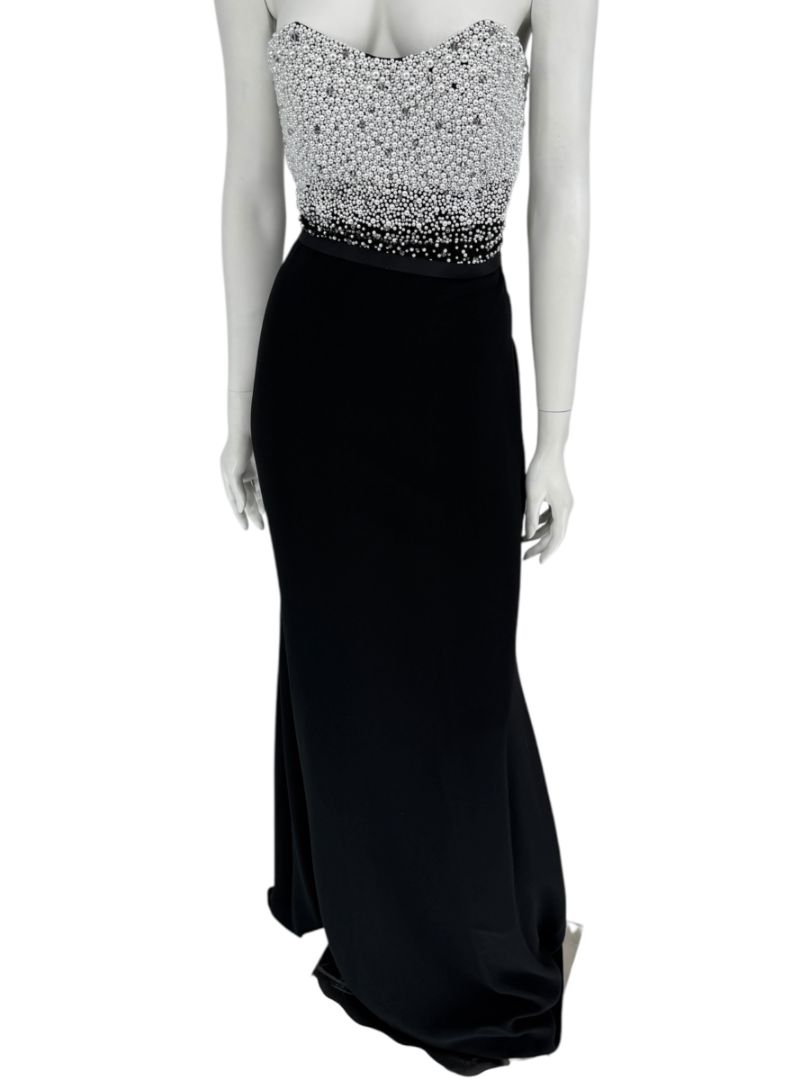 Pamella Roland Black Strapless Gown Silver Pearl Crystal Beaded Bodice Size 8 Evening Dress