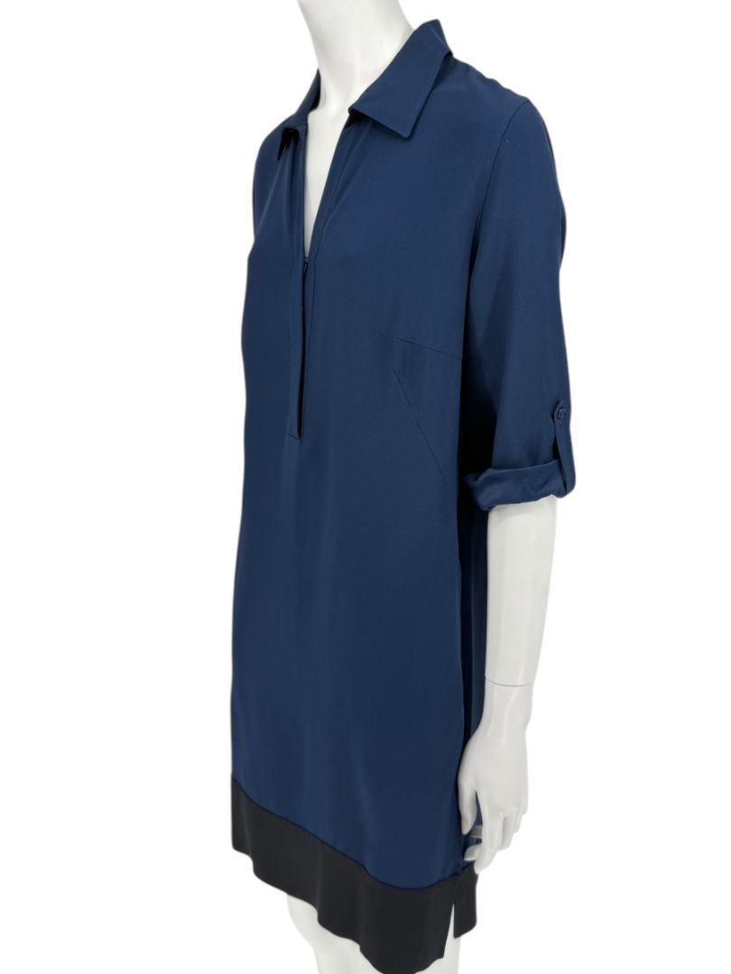 Akris Punto Navy Blue Viscose Acetate Tunic Dress Black Hem Roll Tab Sleeve - US 10
