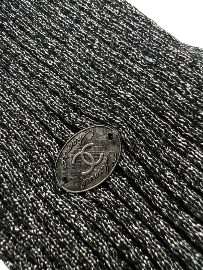 Chanel Gunmetal Silver Ribbed Long Fingerless Gloves with Box