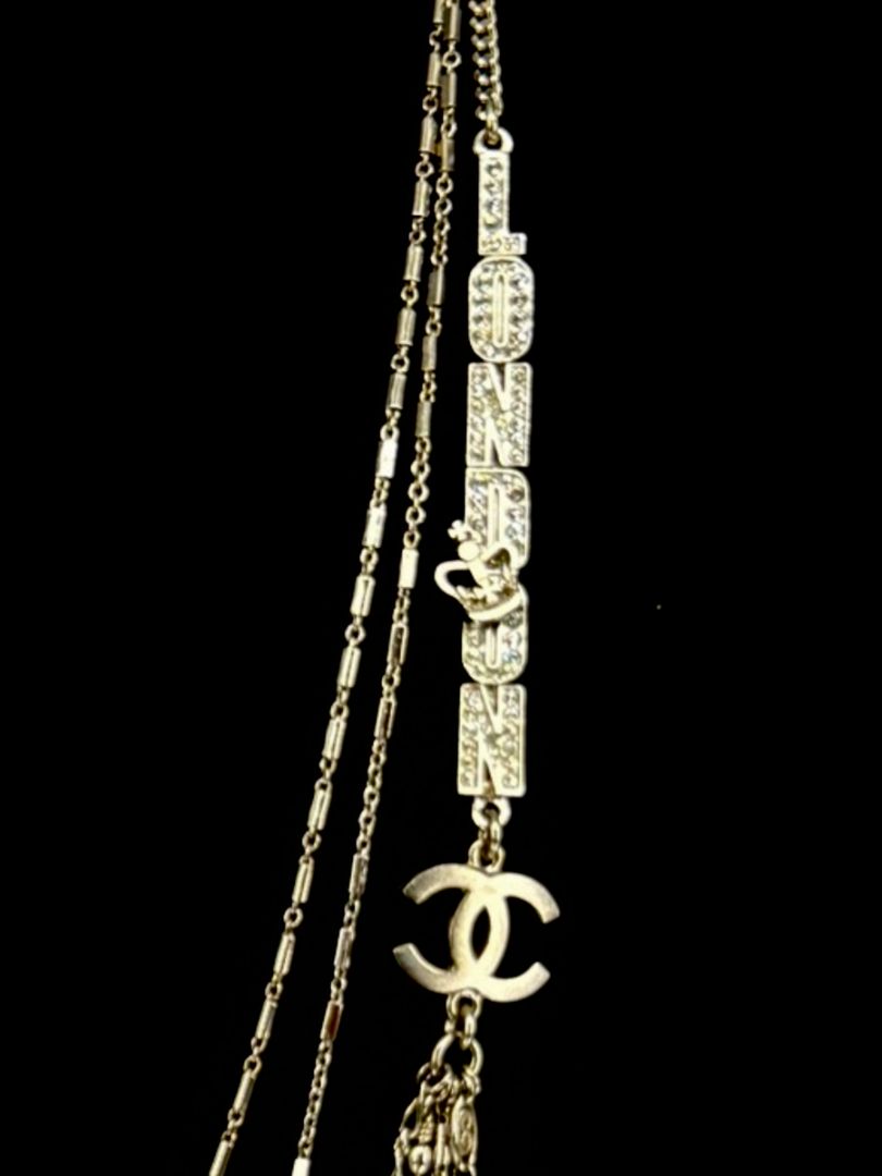 Chanel Silver Multi-Strand “Paris London” Crystal Chain Necklace