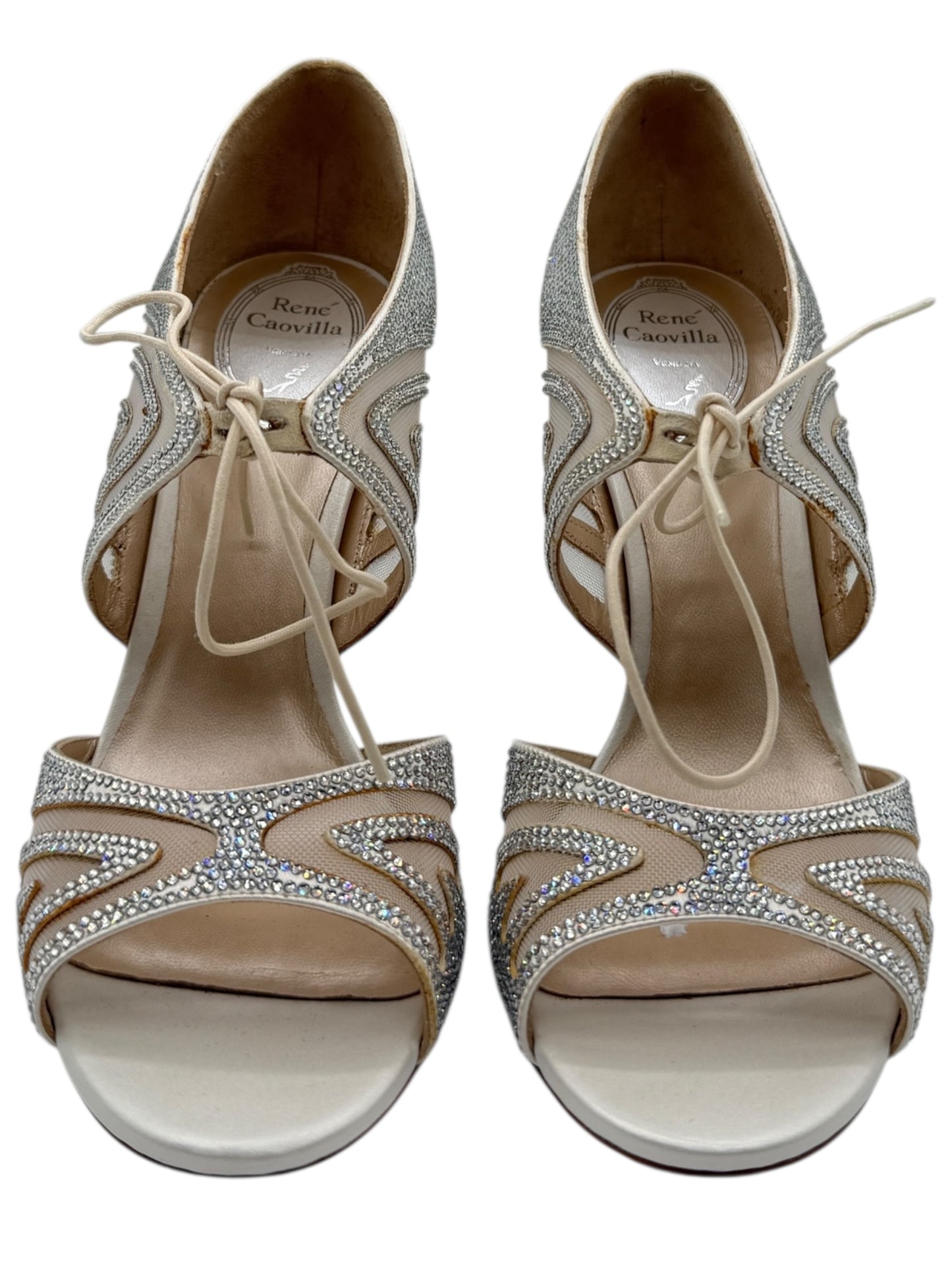BNIB René Caovilla Silver Crystal Mesh Lace-Up Heels – Size 39