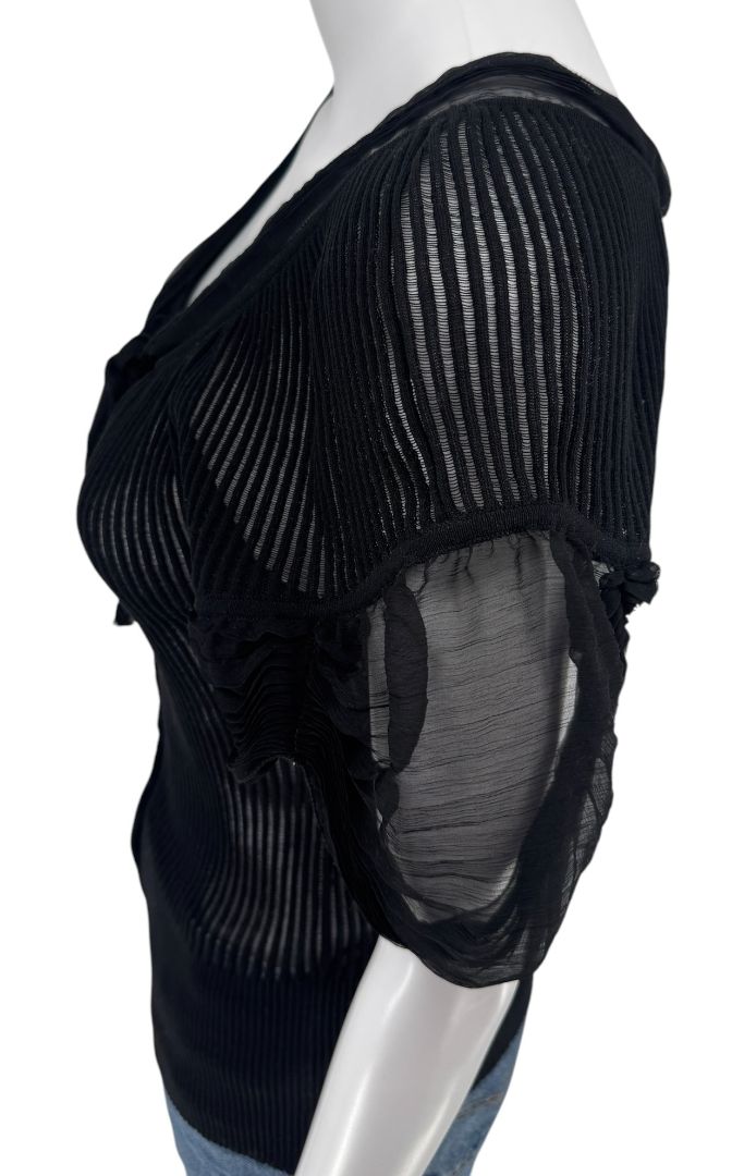 Jean Paul Gaultier Black Ribbed Sheer Top with Puff Sleeves - S