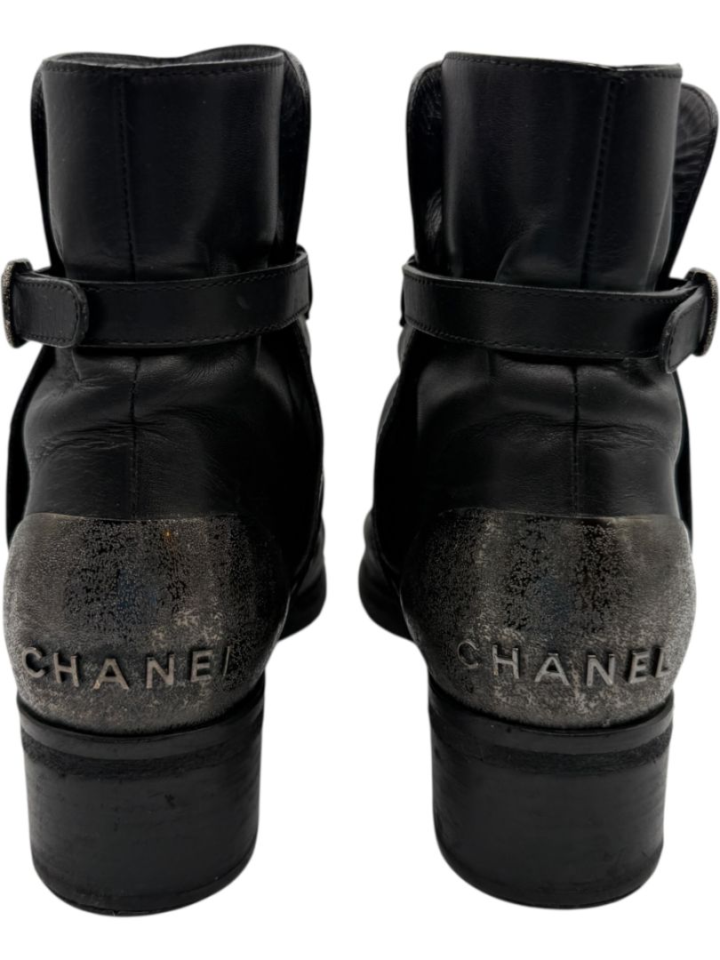 Chanel Black Leather Ankle Boots with Distressed Logo Heel – Size 40 (US 10)