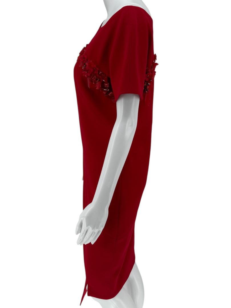 Pamella Roland Red Asymmetrical Floral Embellished Sheath Dress