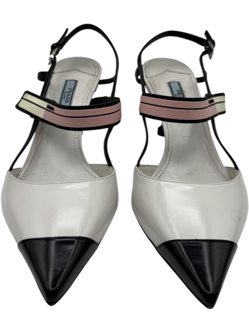 Prada White, Black & Blush Patent Leather Kitten Heels – Size 39.5